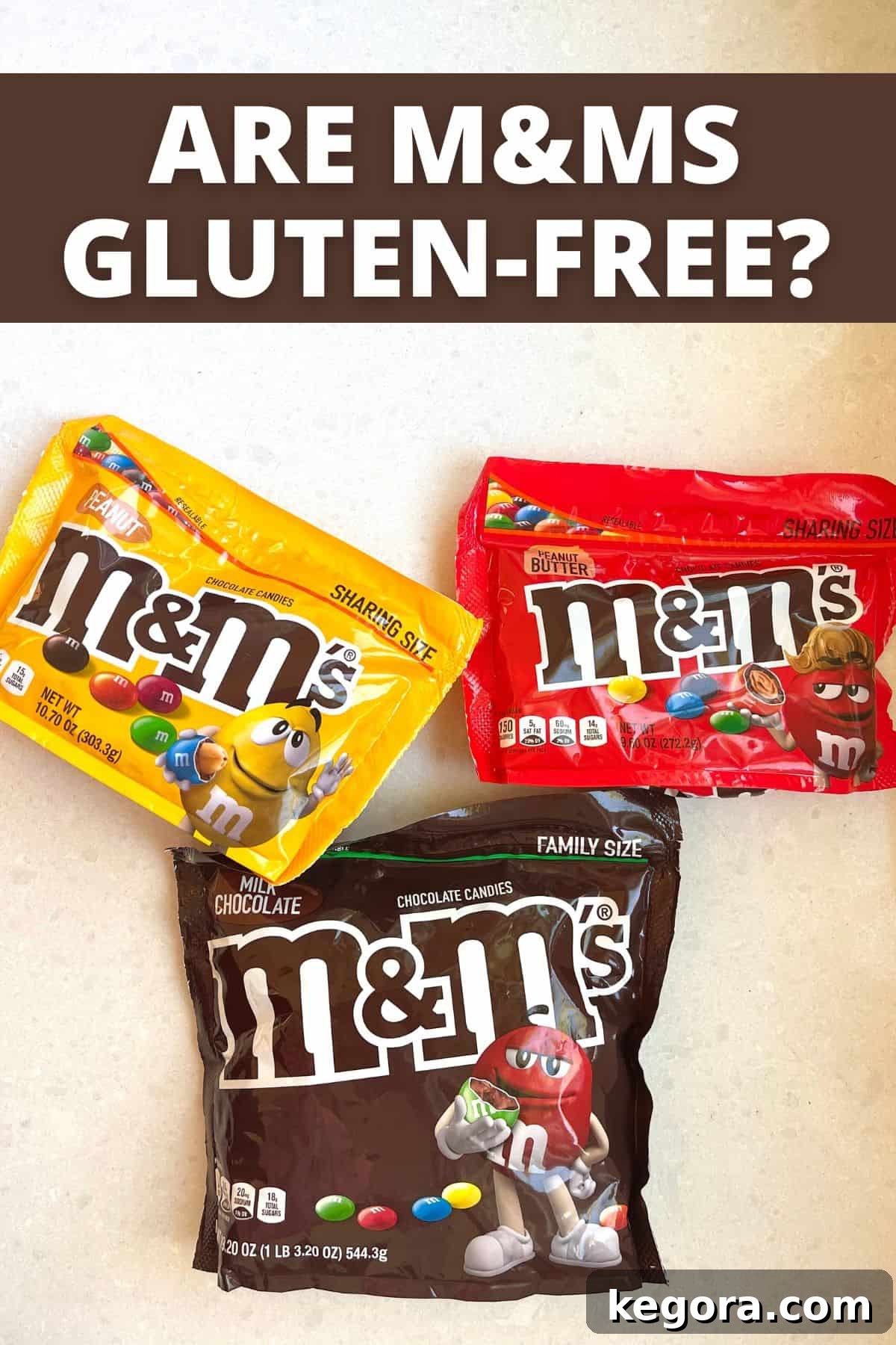 Your Gluten-Free Guide to M&Ms 2 3 bags of M&Ms on white counter