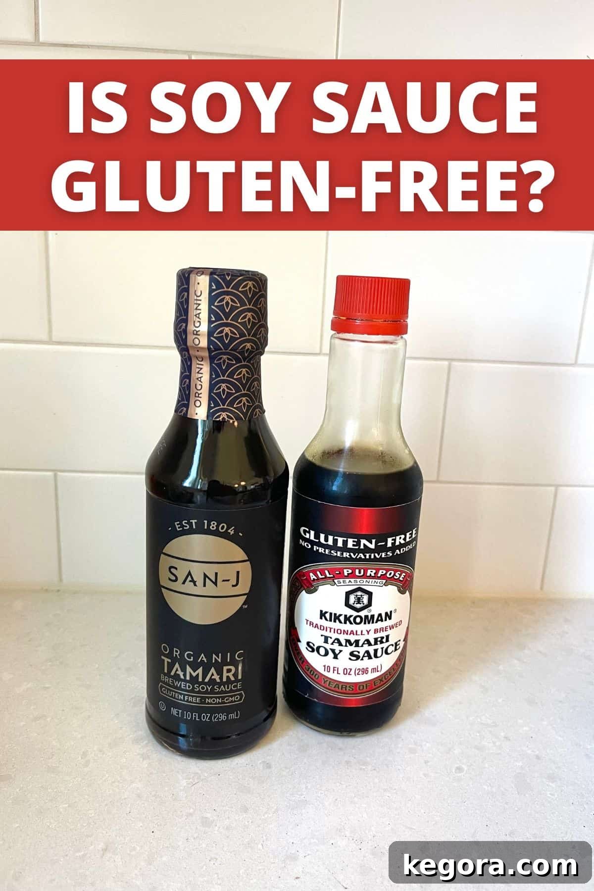 Two bottles of gluten-free soy sauce on a white background, clearly labeled for easy identification.