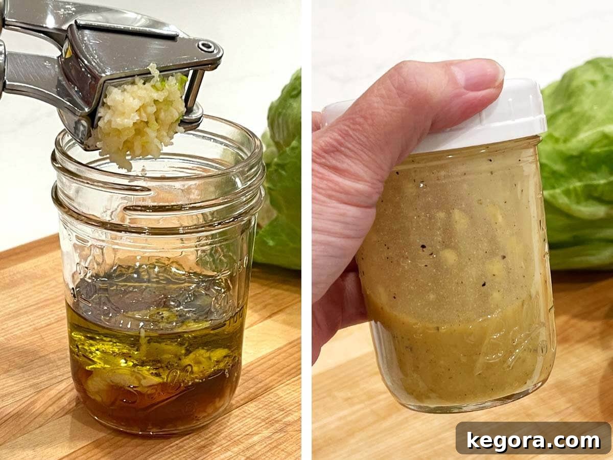 Zesty Italian Chopped Salad 5 Homemade Italian dressing being whisked in a glass jar with a lid, illustrating the ease of preparation.