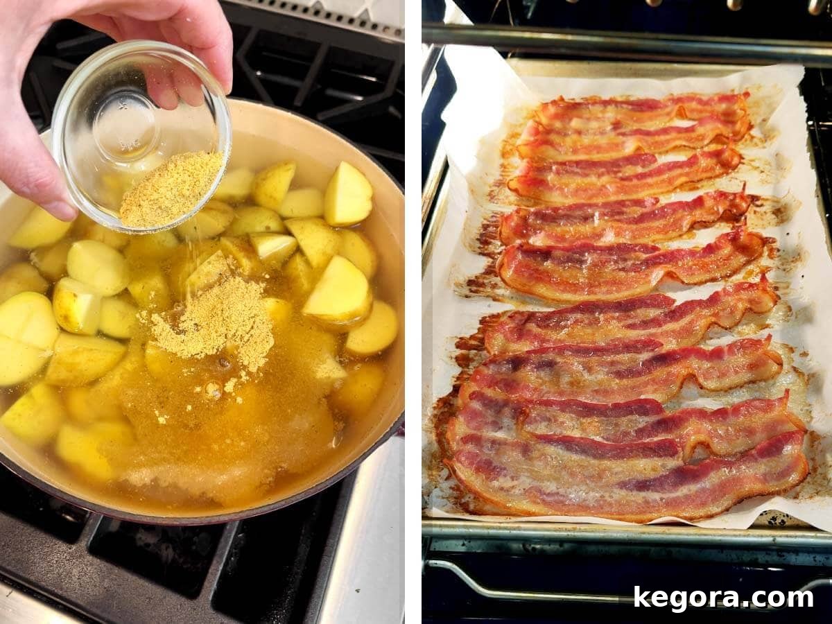 Creamy Bacon Cheddar Potato Salad 6 potatoes boiling in pot with bouillon, bacon cooking in oven on pan