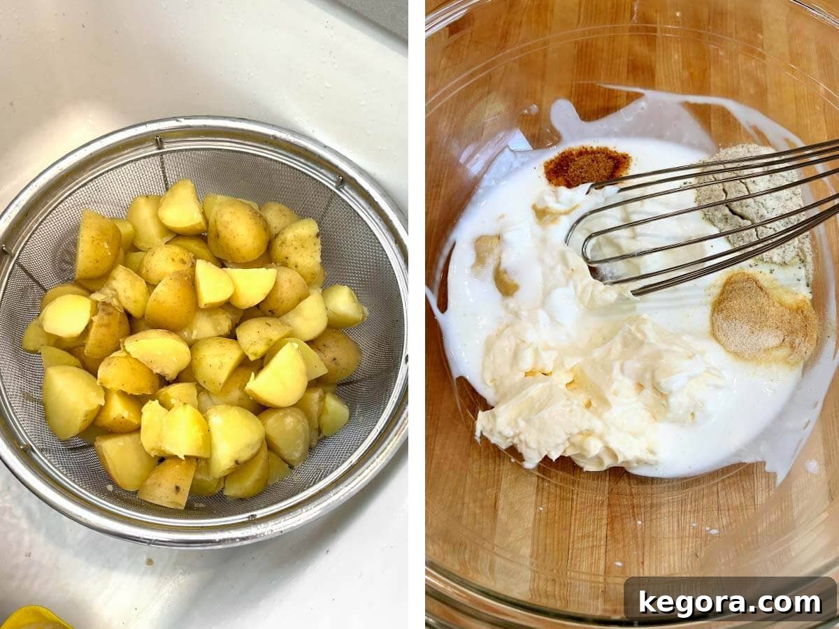 Creamy Bacon Cheddar Potato Salad 7 potatoes in colander cooling, dressing ingredients in glass bowl