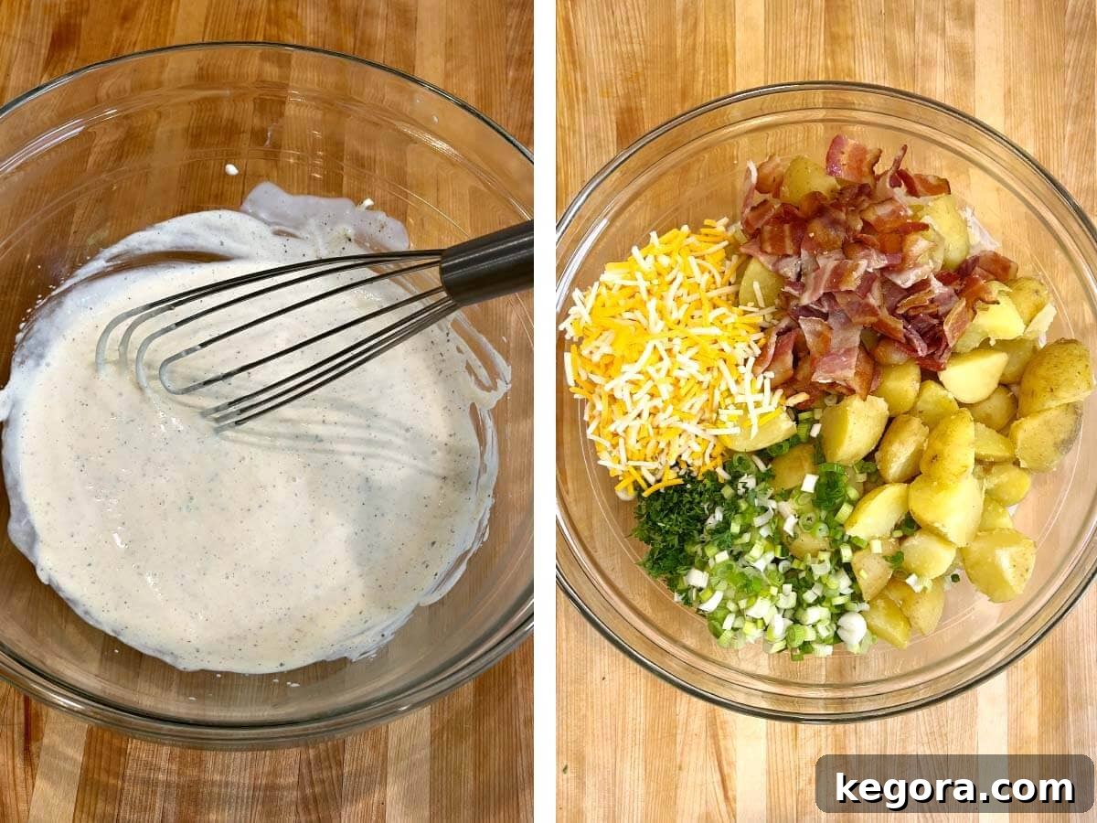 Creamy Bacon Cheddar Potato Salad 8 dressing in bowl with whisk, potato salad ingredients added to dressing in bowl.