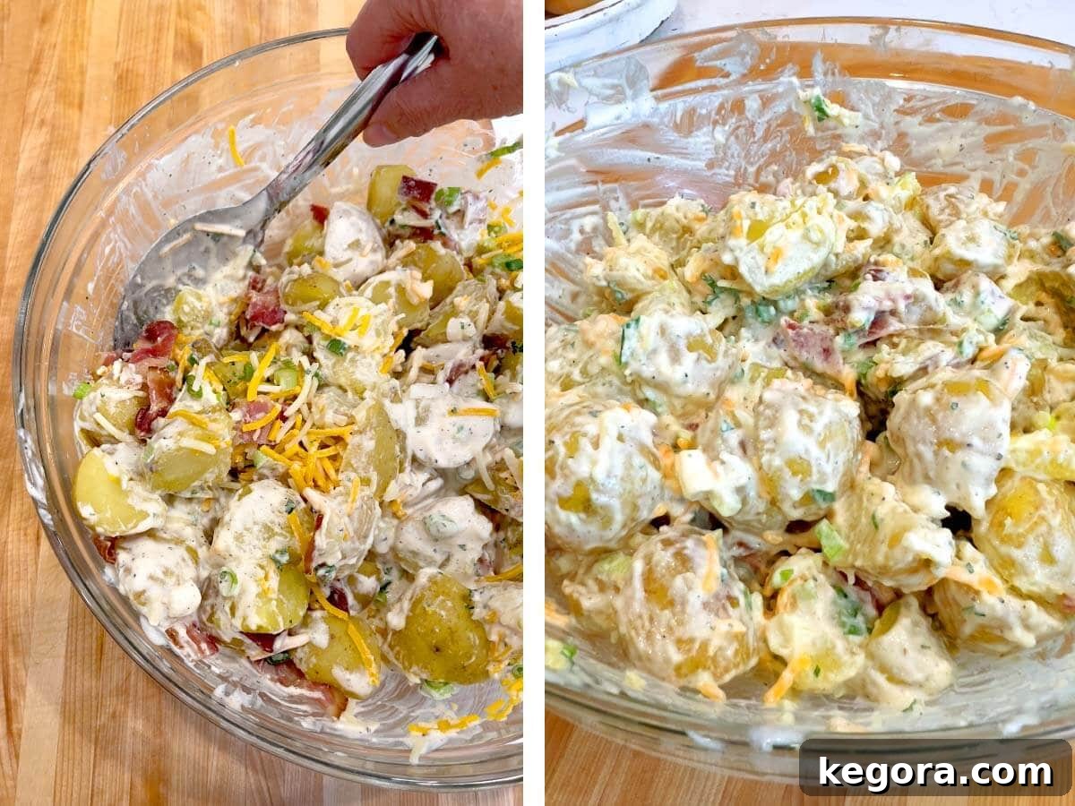 Creamy Bacon Cheddar Potato Salad 9 mixing potato salad in bowl, mixed salad waiting for garnishes