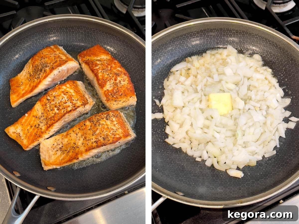 Decadent Creamy Garlic Tuscan Salmon 5 Two sequential images showing the cooking process: first, searing salmon fillets in a skillet, and second, sautéing diced onions in the same skillet after removing the salmon.