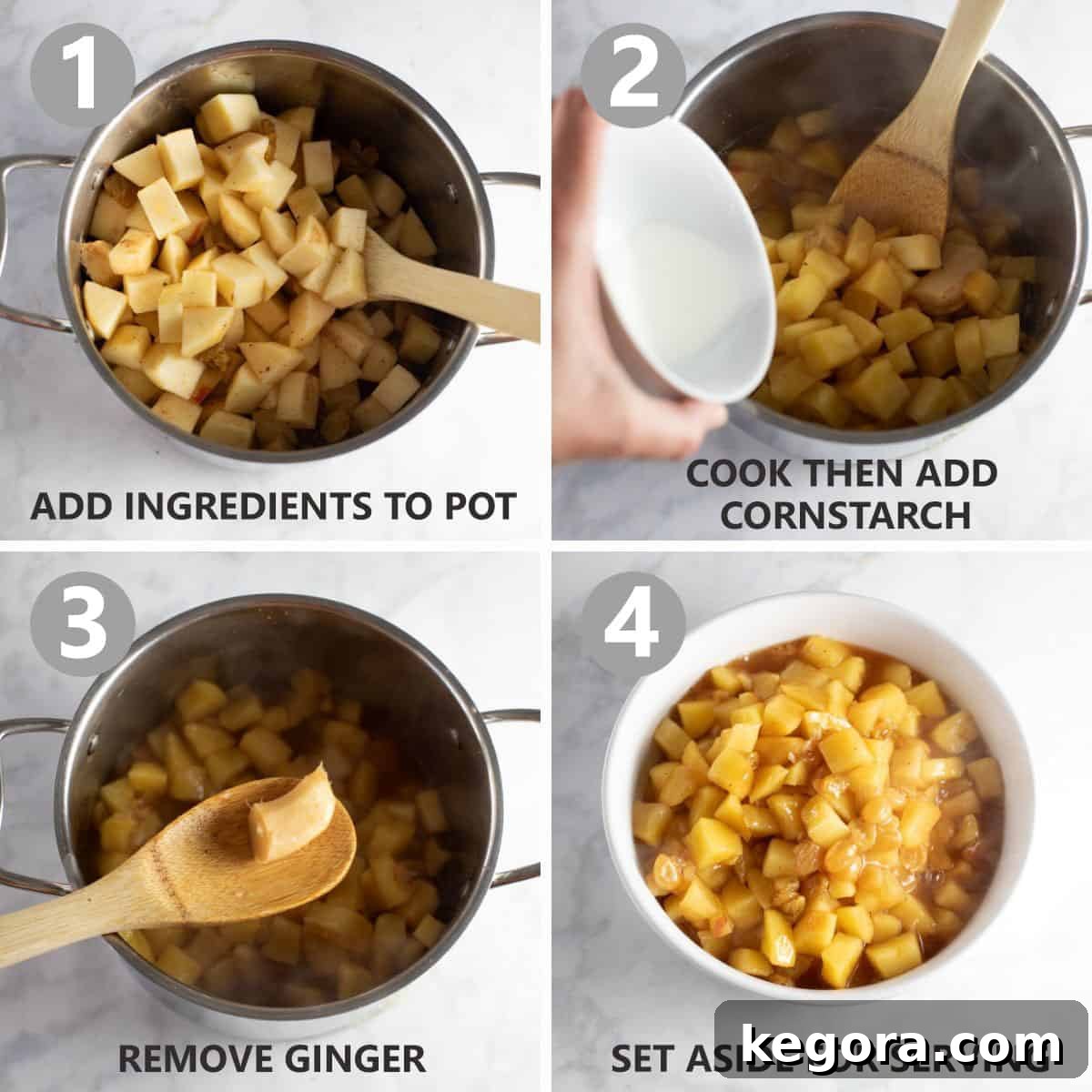 Numbered step-by-step photos illustrating the process of making homemade applesauce, showing apples simmering in a pot, demonstrating the ease of the recipe.