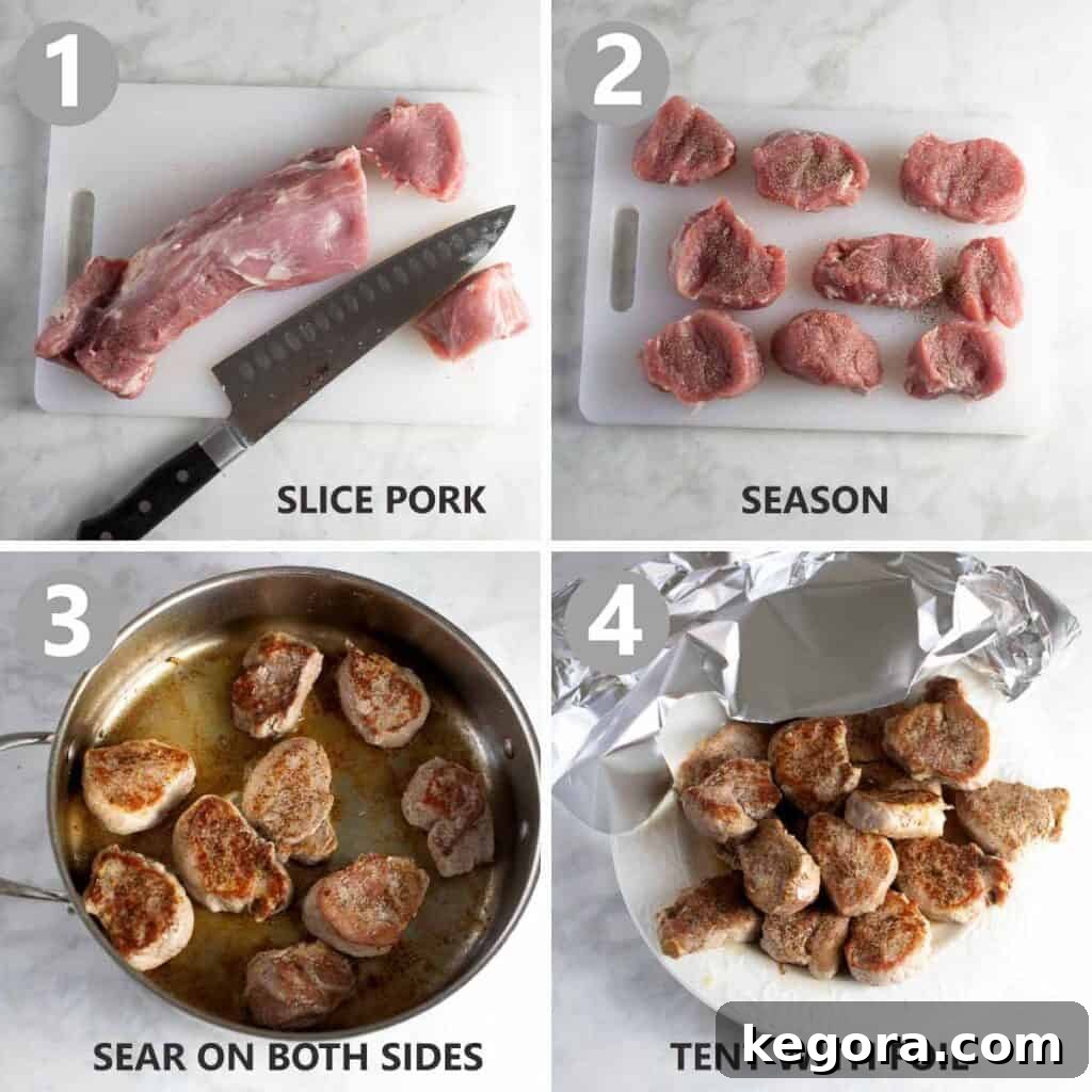 Step-by-step photos demonstrating how to cook pork tenderloin in a skillet, showing the medallions searing to a golden brown, illustrating the cooking process.