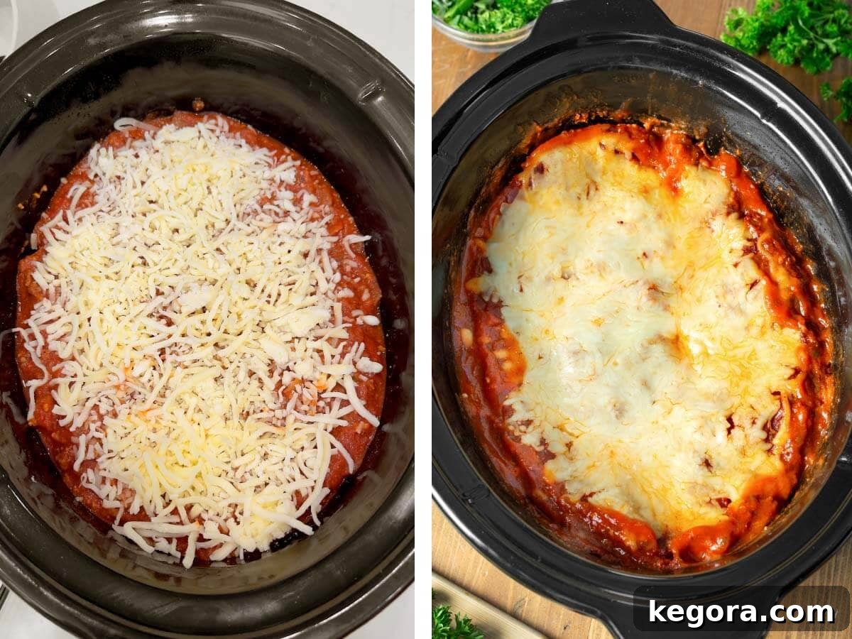 assembled Slow Cooker Lasagna before cooking, Slow Cooker Lasagna after cooking