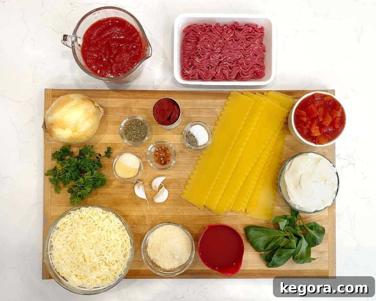 Slow Cooker Lasagna ingredients shot on a board.