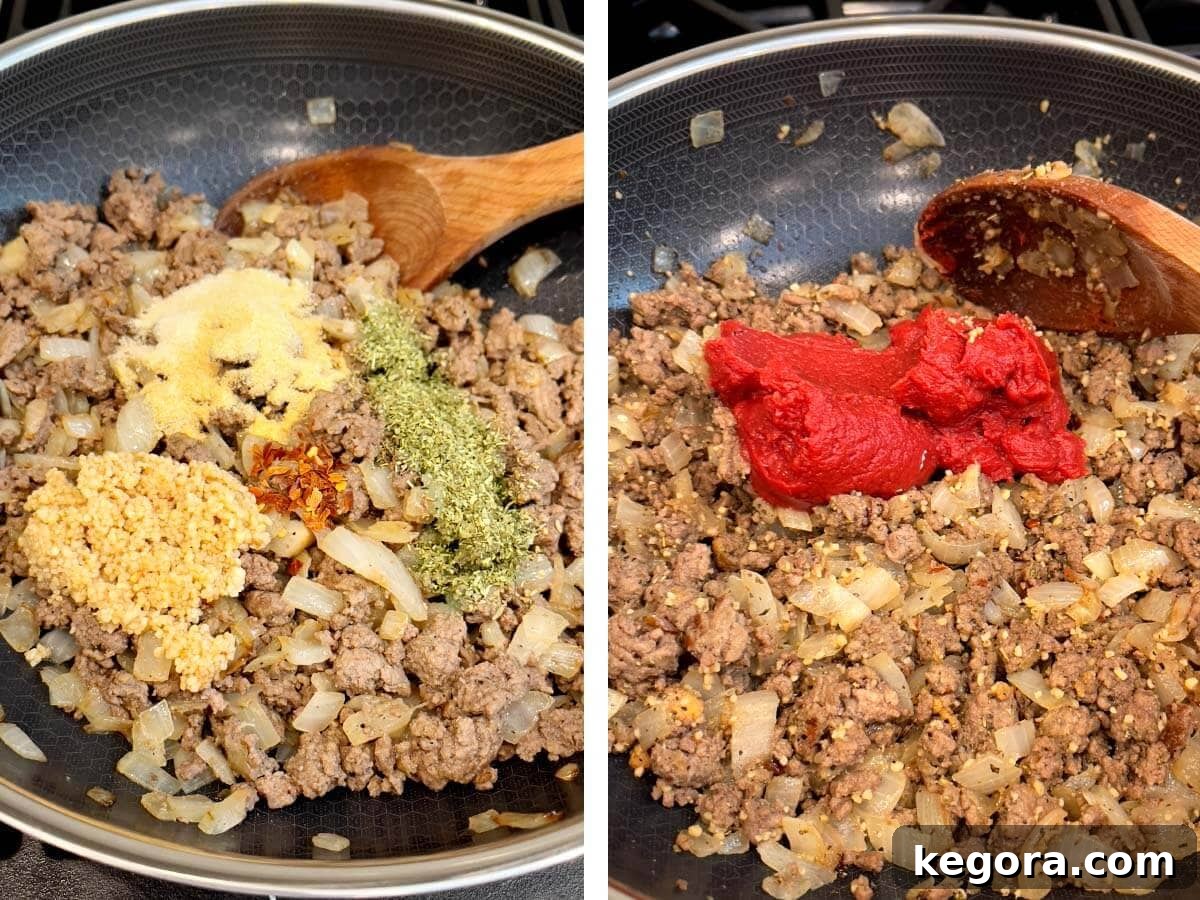 cooking meat with onion and spices, tomato paste added
