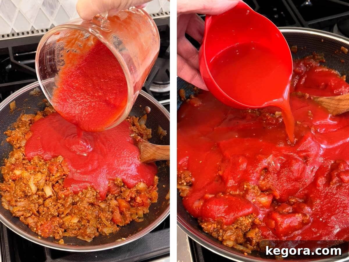 adding tomato sauce and broth to meat mixture
