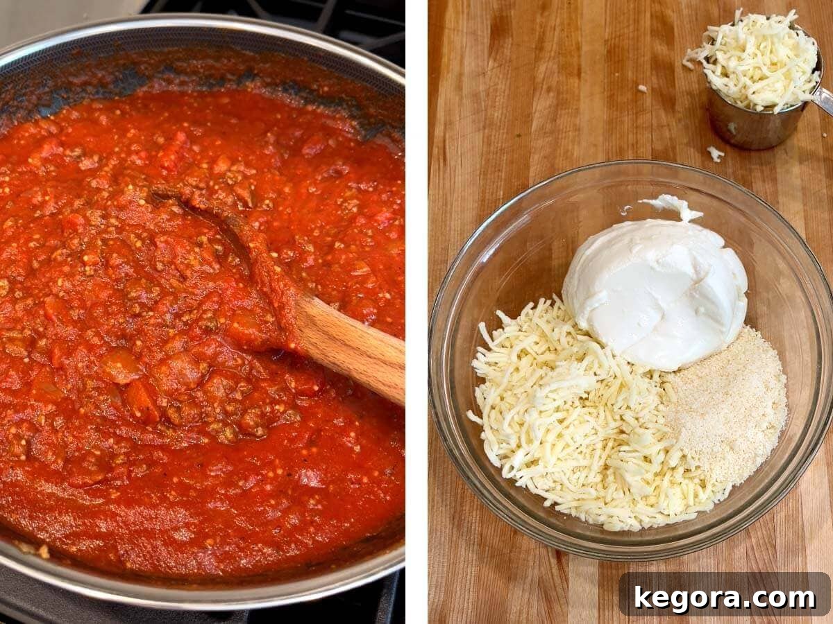 stirring meat mixture, cheeses in glass bowl.