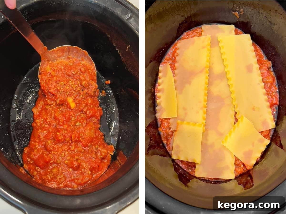 layering meat sauce in crock, lasagna noodles added to crock