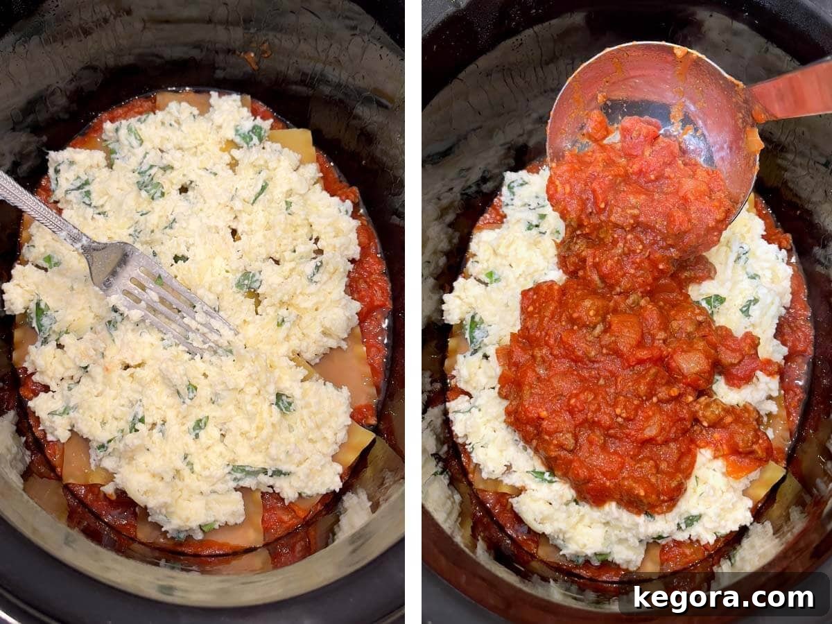 cheese mixture in crock on sauce, adding more sauce.