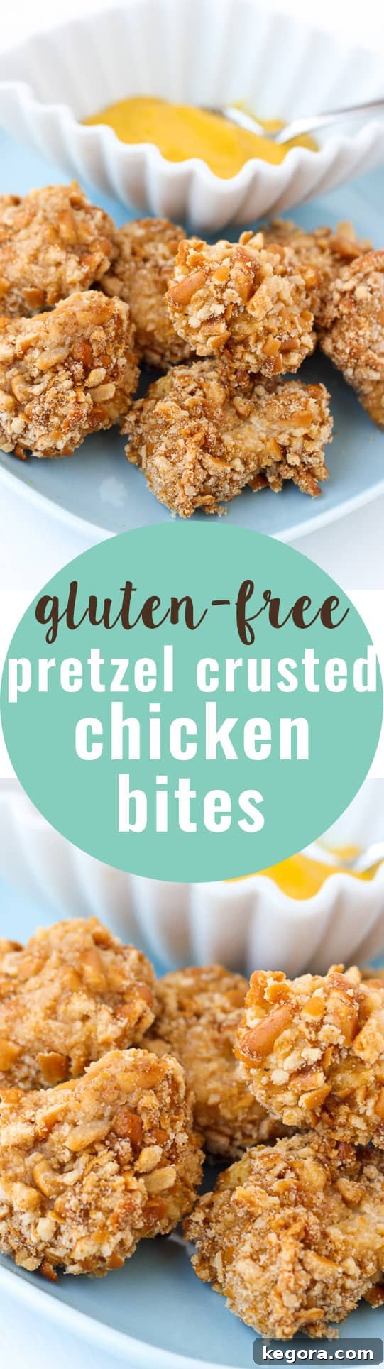 A close-up of perfectly baked gluten-free pretzel chicken bites, showcasing their incredibly crunchy texture and golden finish, presented on a white plate with a garnish of fresh herbs.