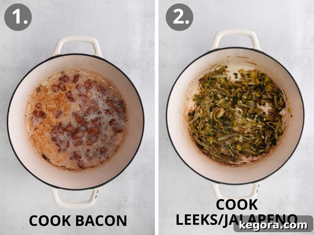 A cast iron pot on a stove, showing crispy bacon, sautéing jalapenos, and sliced leeks, capturing the initial cooking steps for the scalloped potatoes.