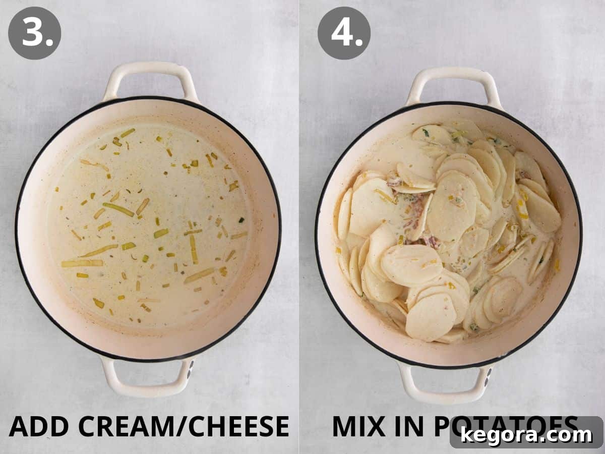 A cast iron pot containing rich cream and melted cheese, with thinly sliced potatoes being mixed into the creamy sauce, ready for baking.