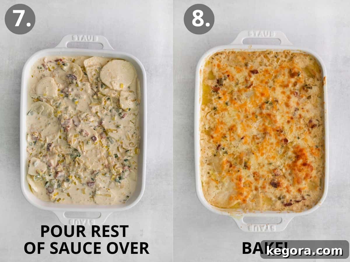 The baking dish with layered raw potatoes and sauce, next to a finished dish of golden-brown, bubbly baked scalloped potatoes, showcasing the transformation.