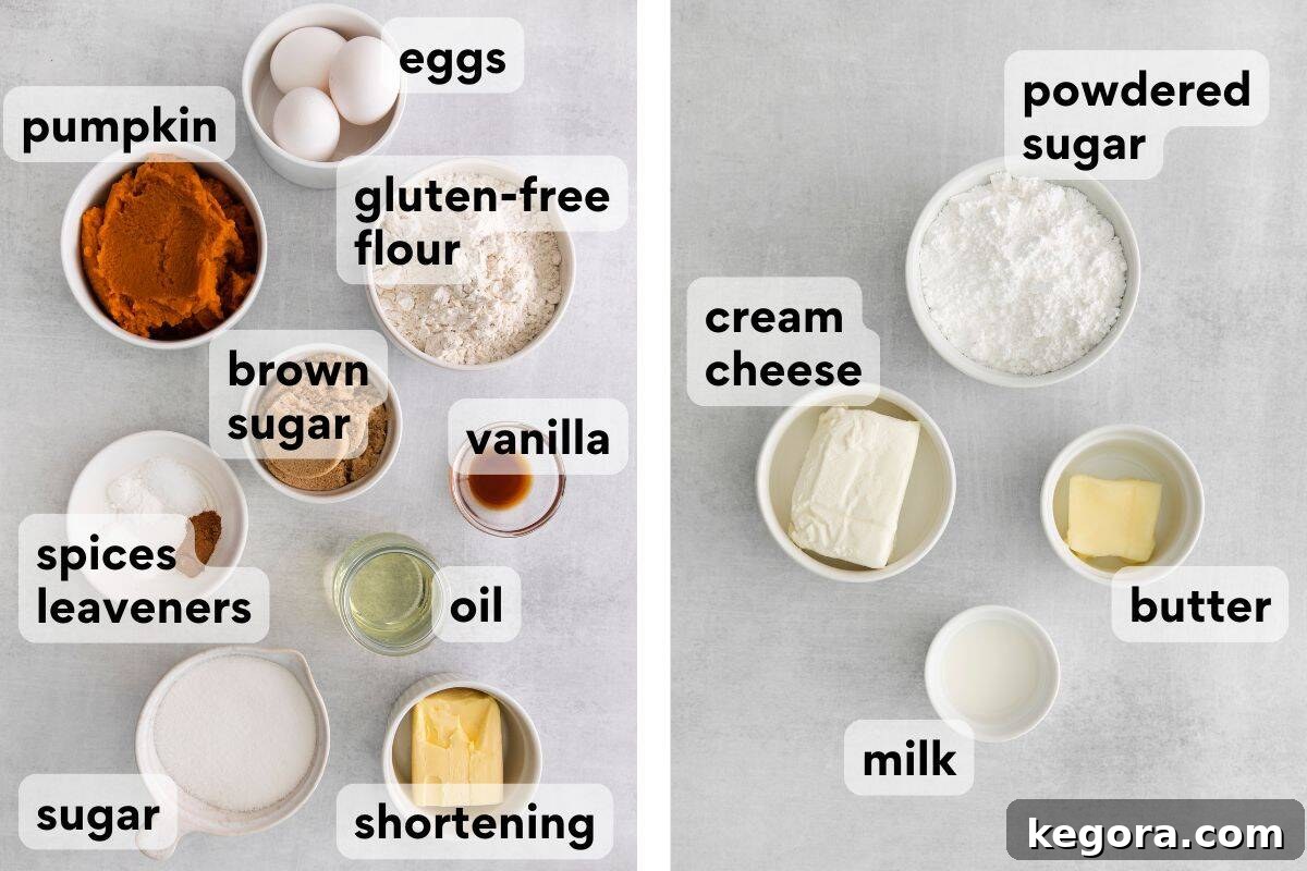 A collage of ingredients for pumpkin bundt cake, including flour, pumpkin puree, spices, and shortening, all measured and labeled in individual bowls.
