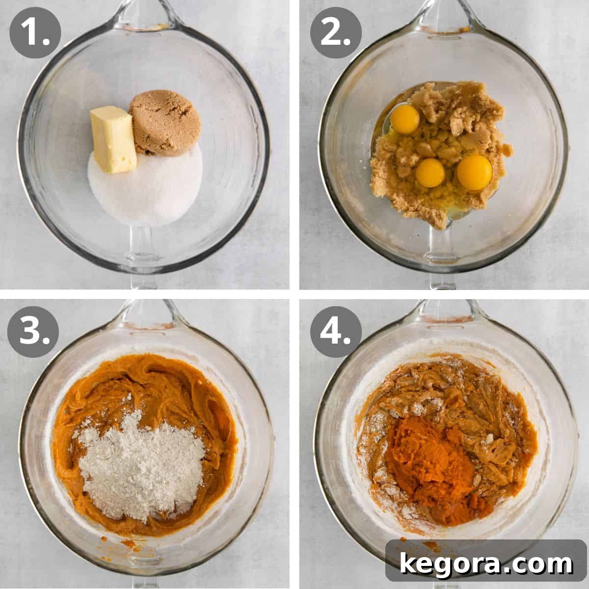 A series of images showing the steps to make the pumpkin bundt cake batter, from mixing dry ingredients to combining wet ingredients.