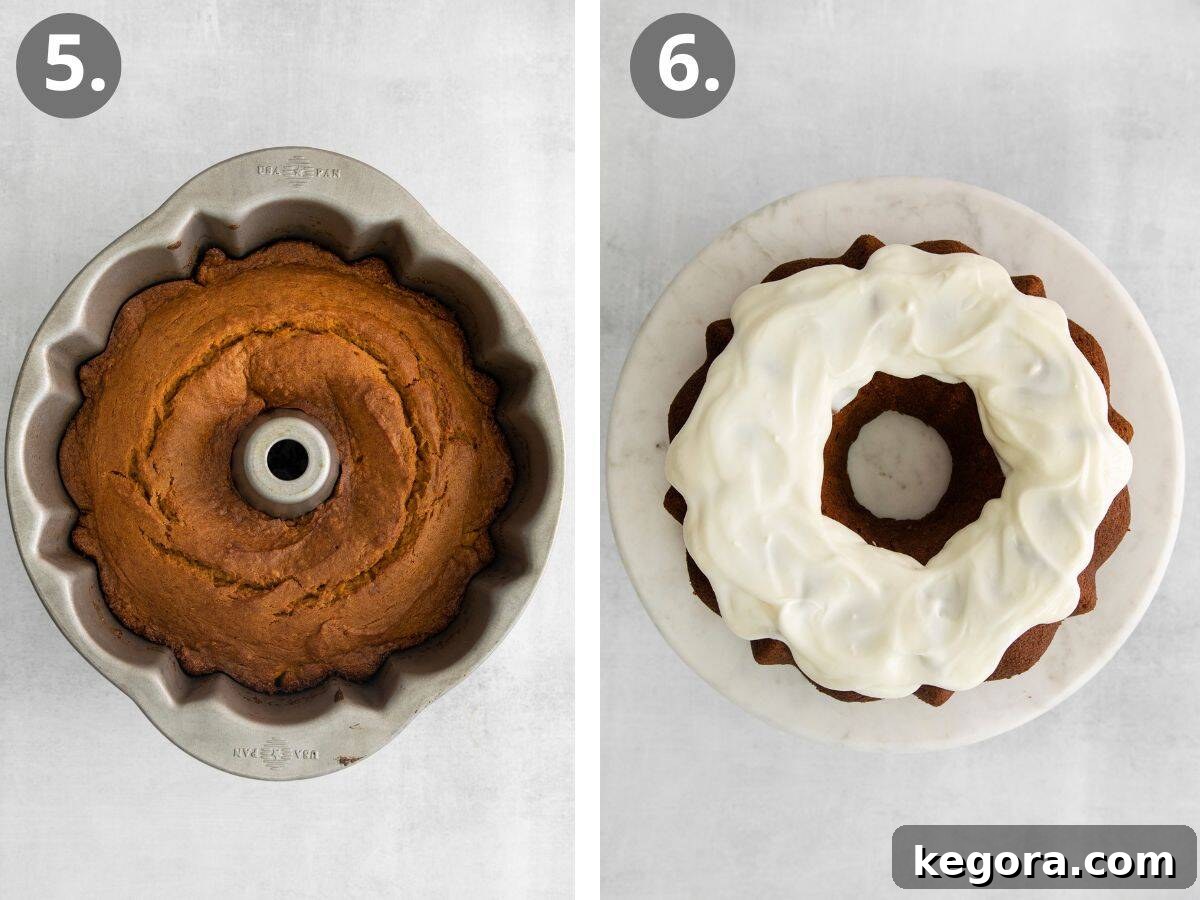 A series of images illustrating the final steps of baking and frosting the pumpkin bundt cake, including the cake cooling on a wire rack and being frosted with cream cheese icing.