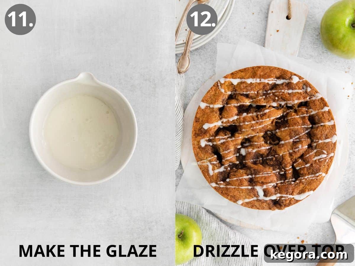 Homestyle Gluten-Free Apple Cake 11 Two images side-by-side: a bowl of smooth vanilla glaze, and the glaze being artfully drizzled over the cooled gluten-free apple cake.