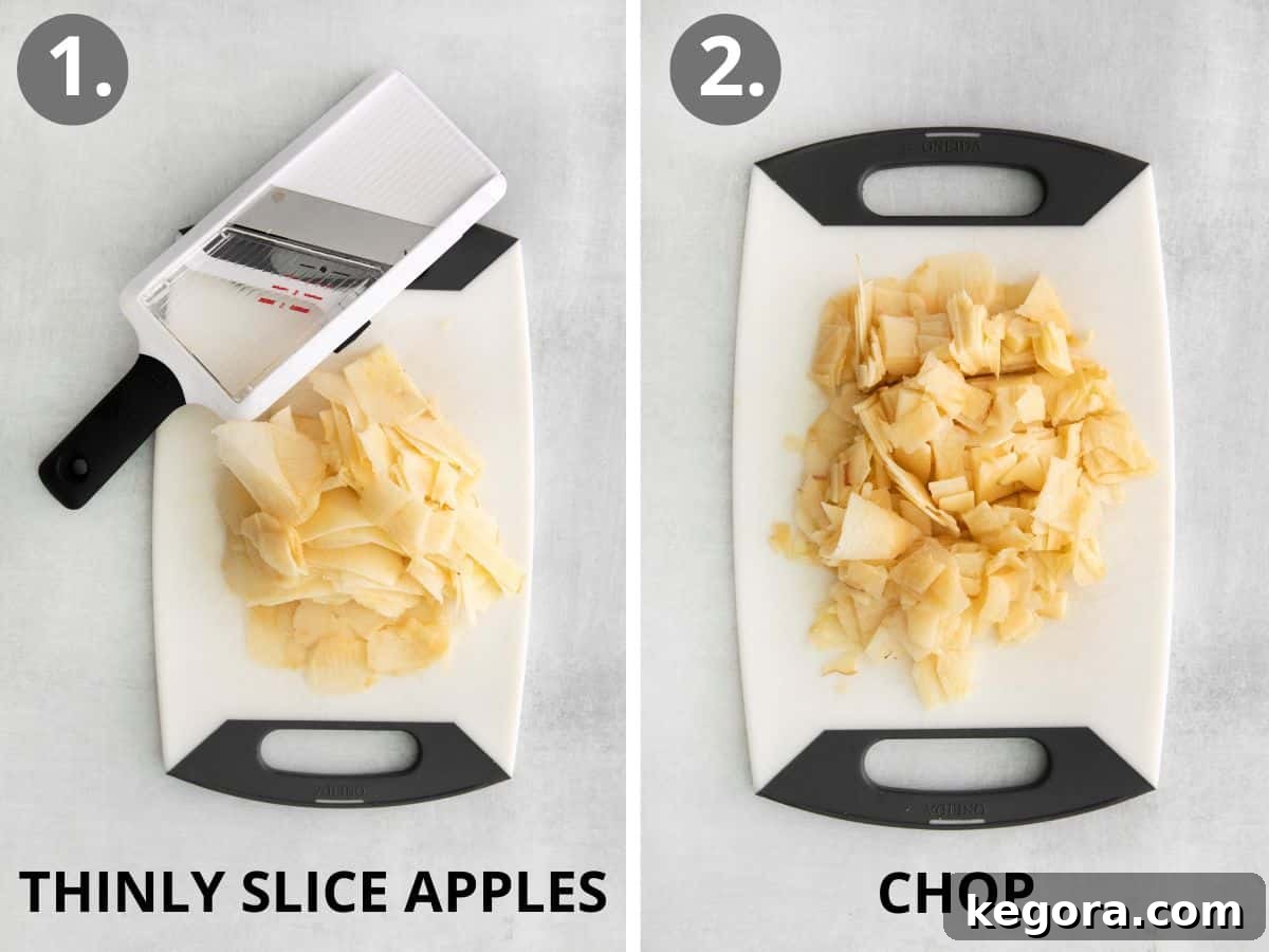 Homestyle Gluten-Free Apple Cake 6 Thinly sliced apples prepared on a cutting board, alongside a mandoline slicer, emphasizing the crucial step of thin apple preparation.