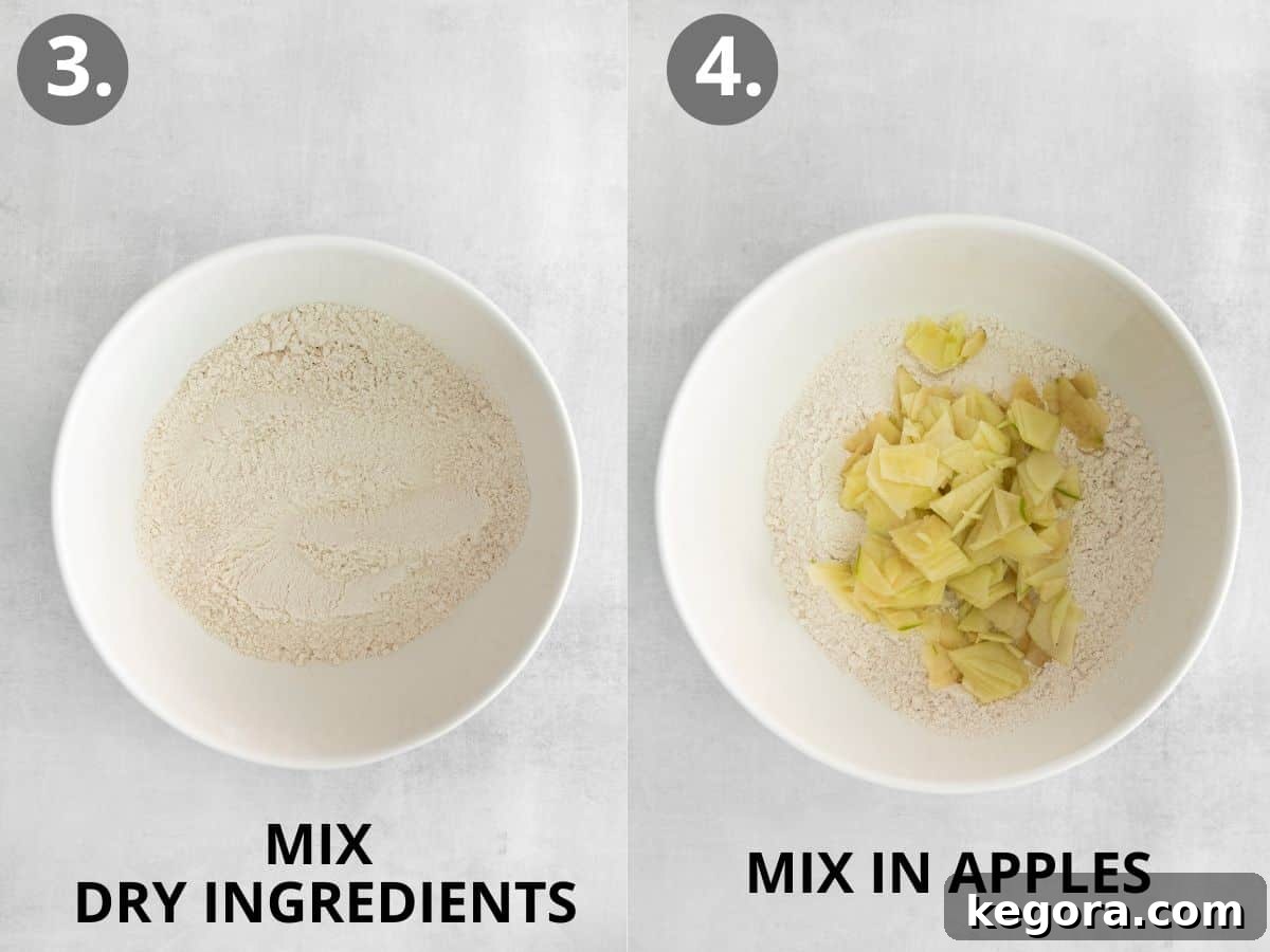 Homestyle Gluten-Free Apple Cake 7 Two images side-by-side: dry ingredients in a mixing bowl, and thinly sliced apples being folded into the dry ingredients.