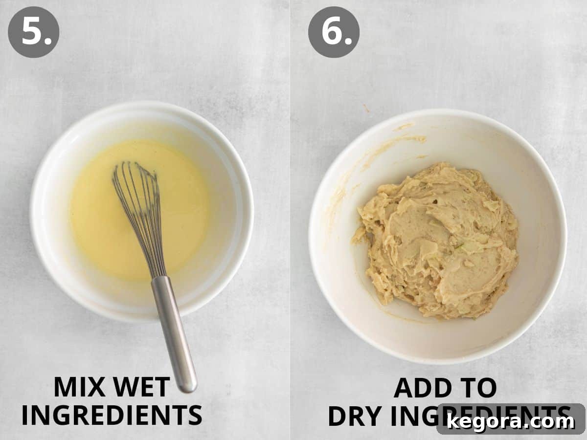 Homestyle Gluten-Free Apple Cake 8 Two images side-by-side: wet ingredients whisked in a separate bowl, and the wet ingredients being gently mixed into the dry-apple mixture.