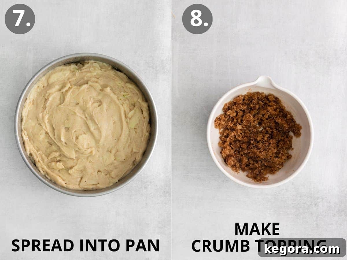 Homestyle Gluten-Free Apple Cake 9 Two images side-by-side: the smooth apple cake batter spread into a round baking pan, and the crumb topping mixture in a bowl.
