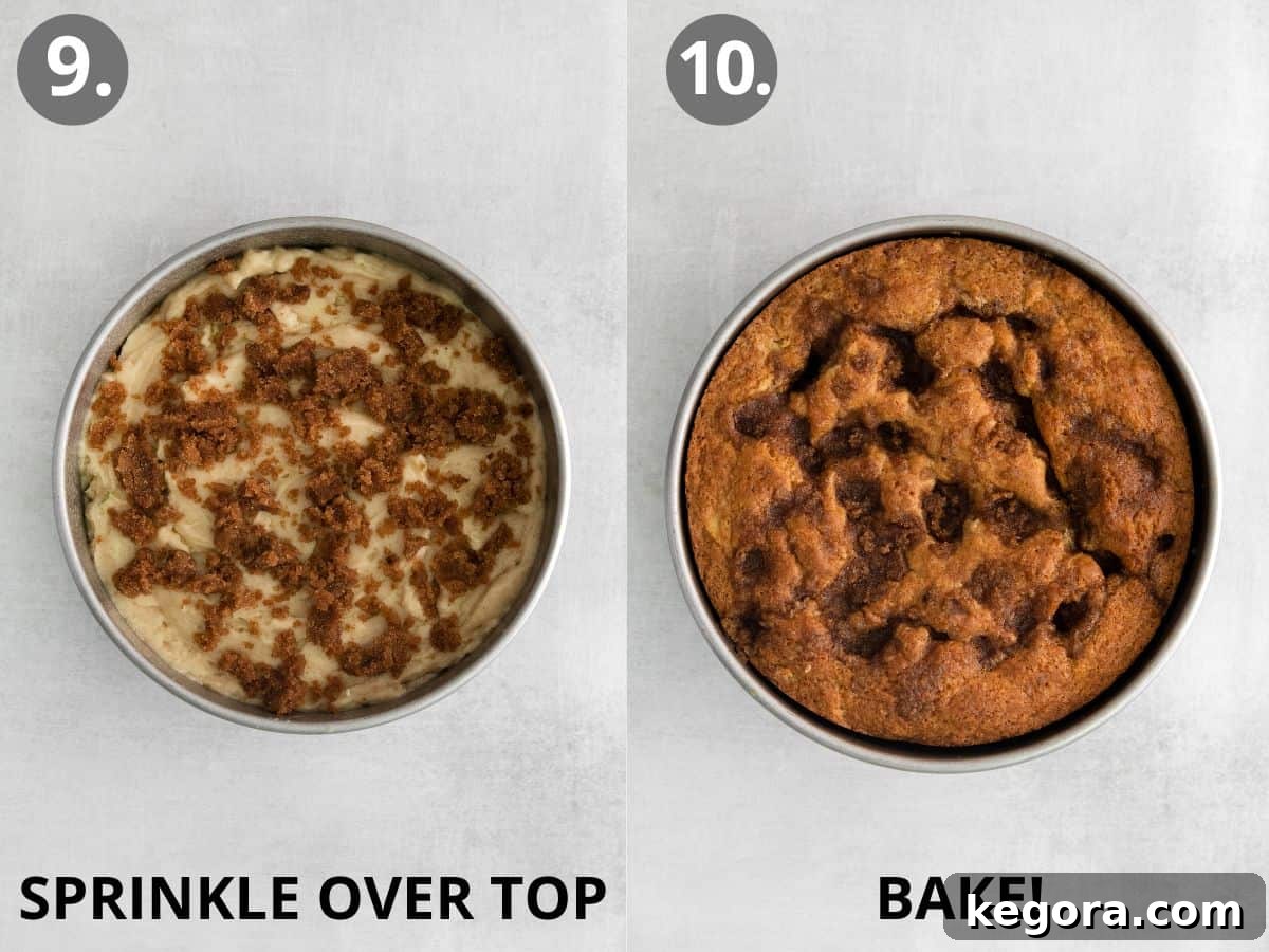 Homestyle Gluten-Free Apple Cake 10 Two images side-by-side: the crumb topping generously sprinkled over the cake batter, and the freshly baked golden-brown apple cake out of the oven.