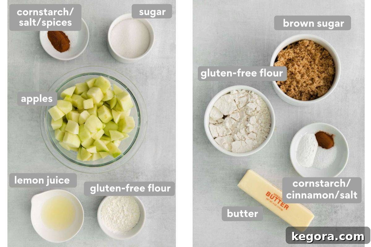 Assortment of gluten-free apple crumble ingredients, including apples, flour, sugar, butter, and spices