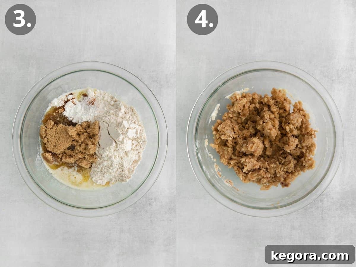 Crumble ingredients in a glass bowl, and crumble ingredients mixed together in a bowl