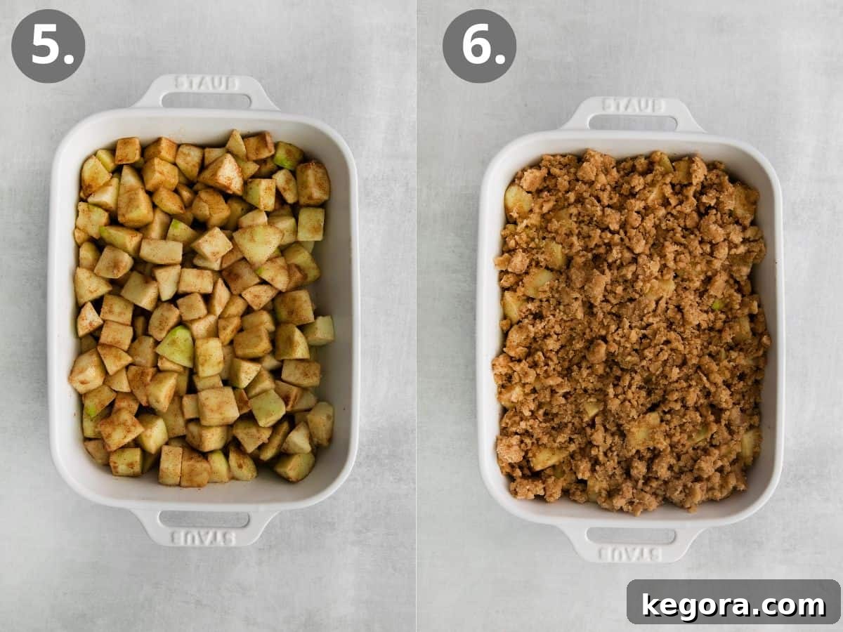 Apple chunks in a baking dish, and apple chunks topped with crumble topping in a baking dish