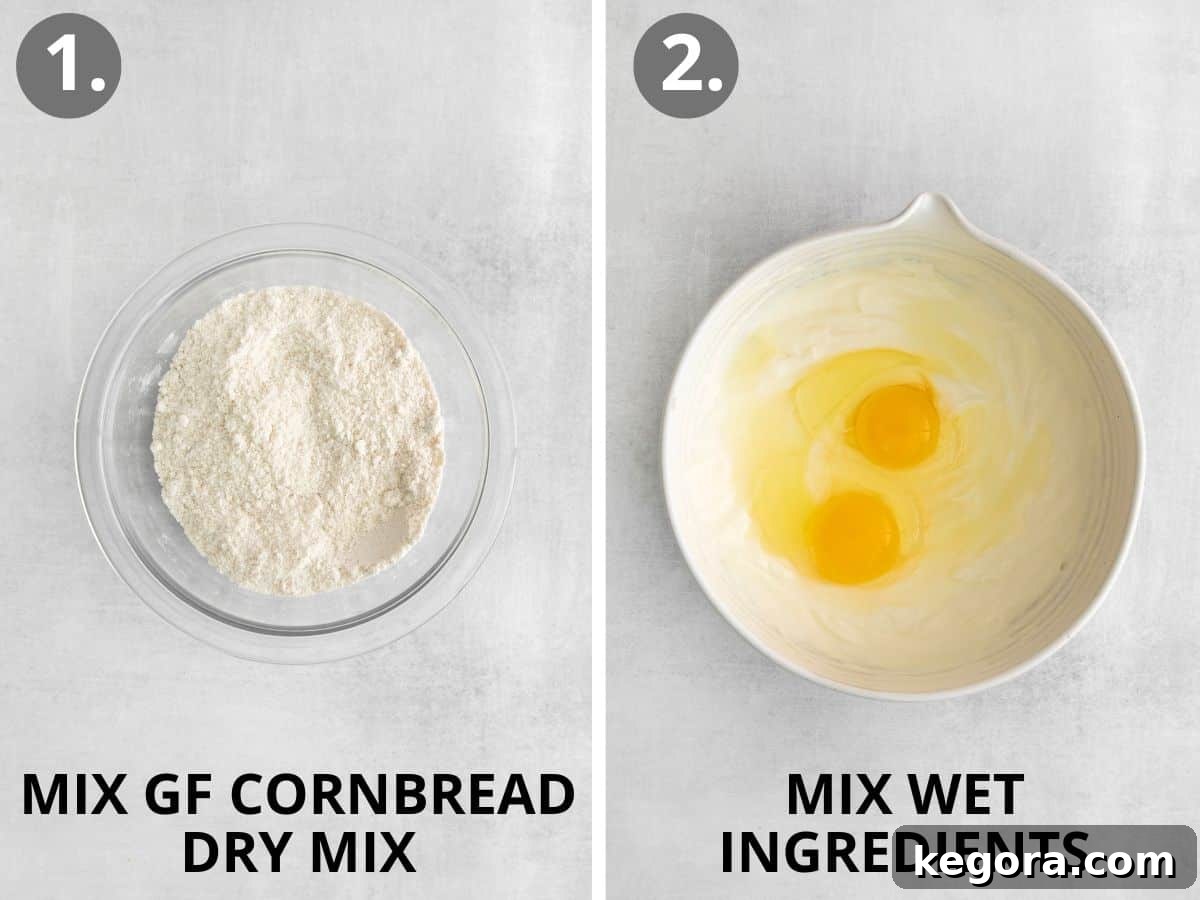 Creamy Gluten-Free Corn Bake 5 Two separate mixing bowls on a kitchen counter: one containing the dry gluten-free cornbread mix, and the other holding the whisked wet ingredients for the casserole