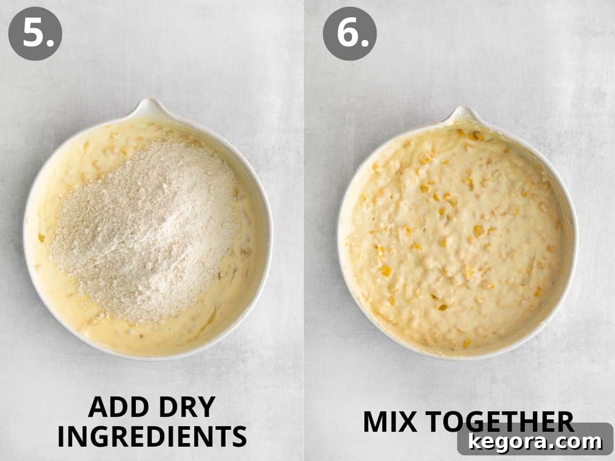 Creamy Gluten-Free Corn Bake 7 The dry cornbread mix being poured over the mixed wet ingredients, and then a subsequent image of all ingredients thoroughly combined in a mixing bowl