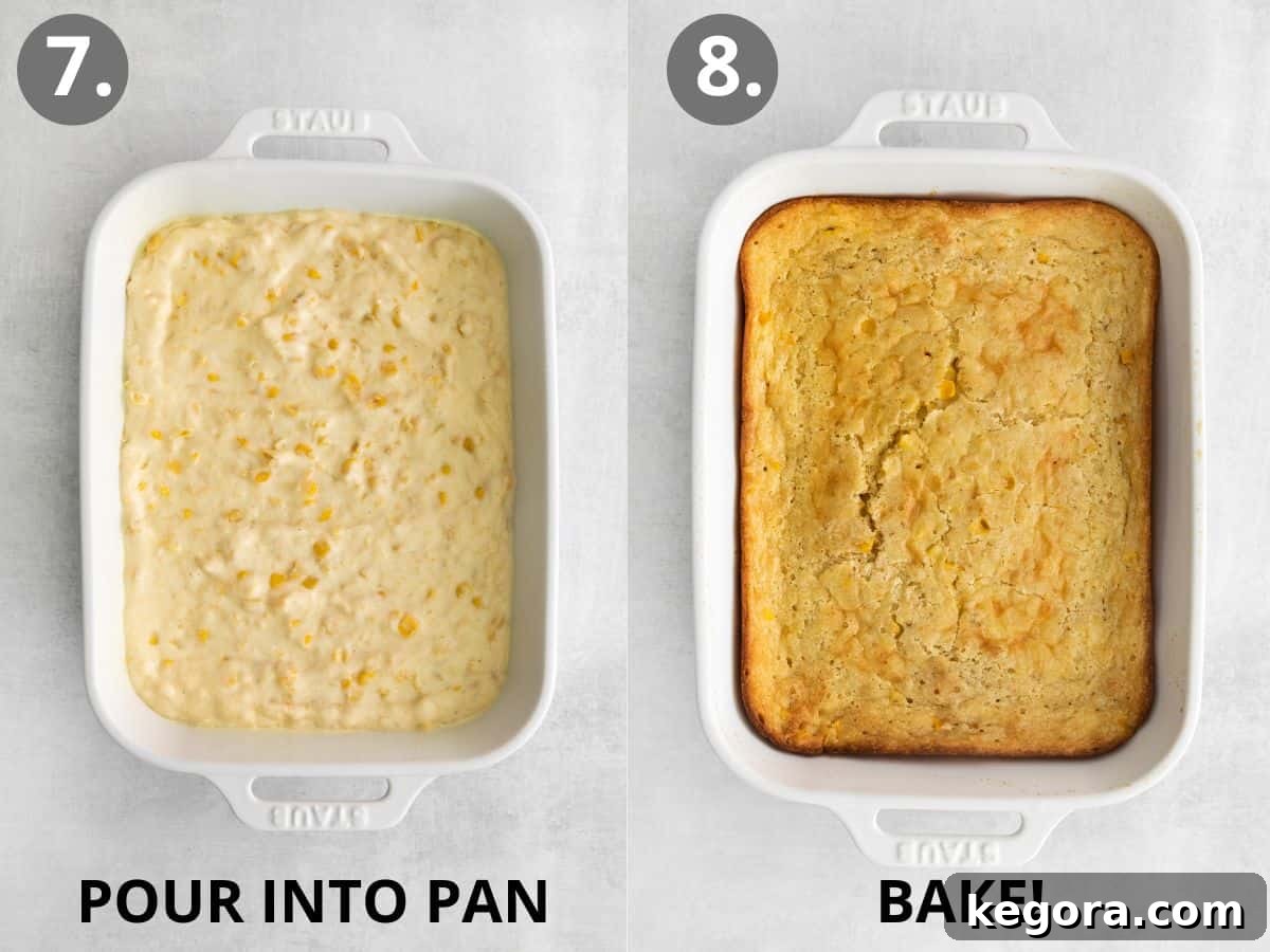 Creamy Gluten-Free Corn Bake 8 The uncooked gluten-free corn casserole mixture evenly spread in a baking dish, contrasted with the final baked casserole, golden brown and perfectly set