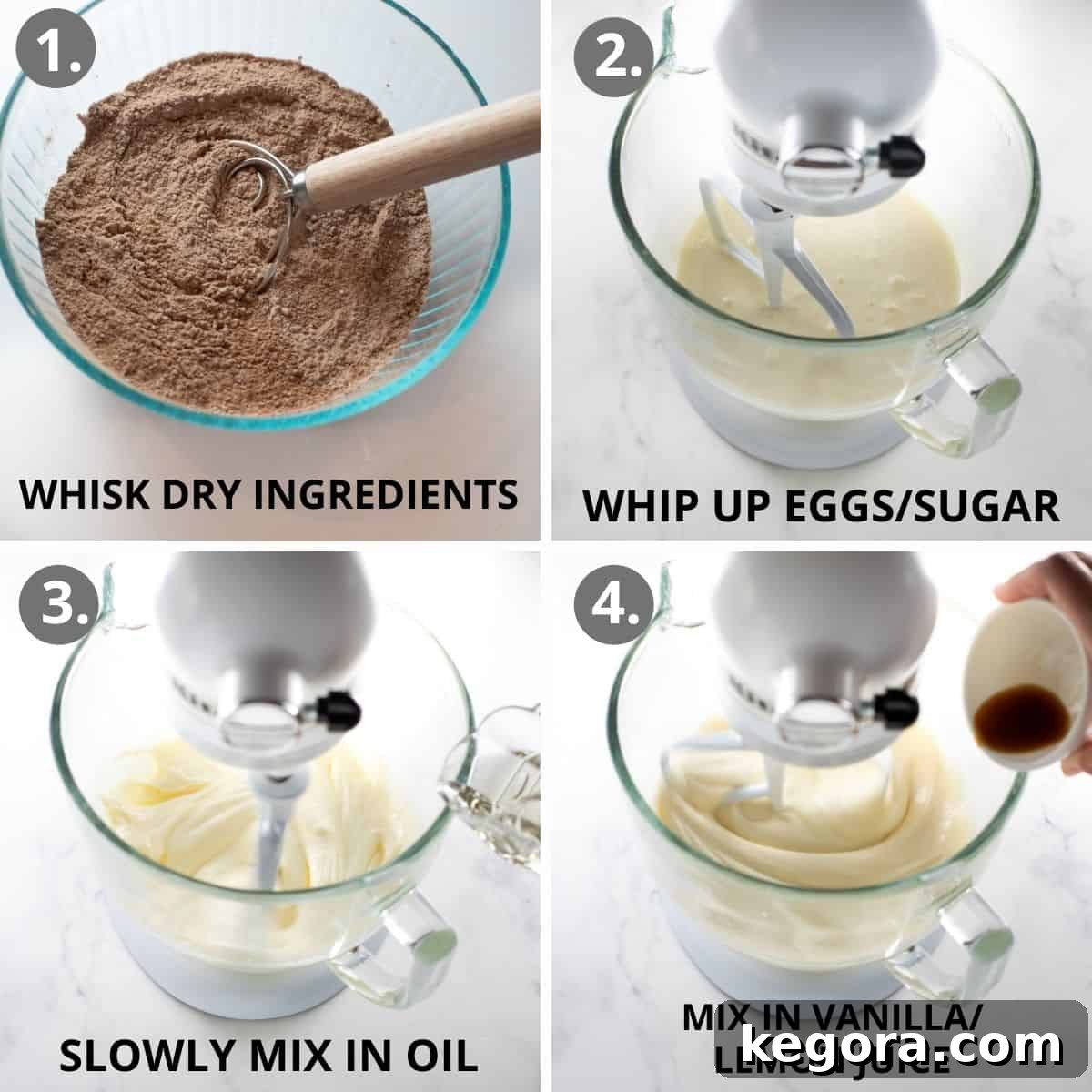 Decadent Gluten-Free German Chocolate Cake 3 German chocolate cake ingredients being whisked in a bowl, then mixed into the stand mixer