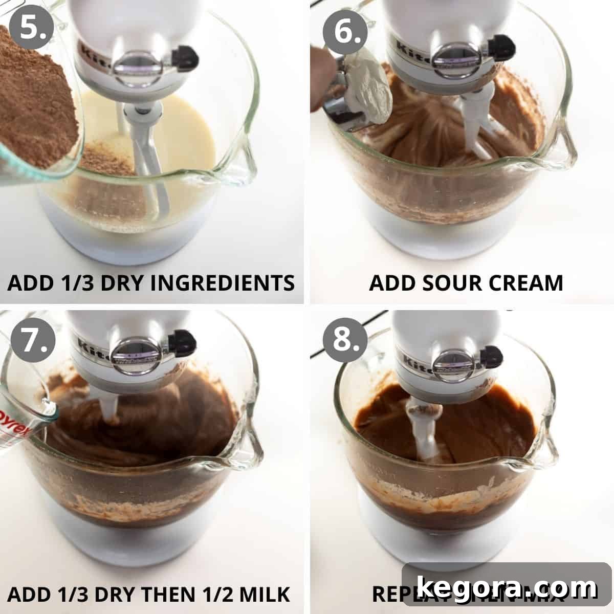 Decadent Gluten-Free German Chocolate Cake 4 German chocolate cake batter being mixed in the stand mixer, showing a smooth, rich chocolate consistency.