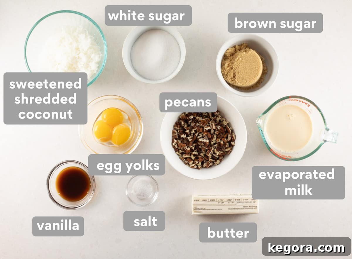 Decadent Gluten-Free German Chocolate Cake 6 Key ingredients for German chocolate cake's coconut caramel frosting laid out on a kitchen countertop, including evaporated milk, butter, sugars, and shredded coconut.