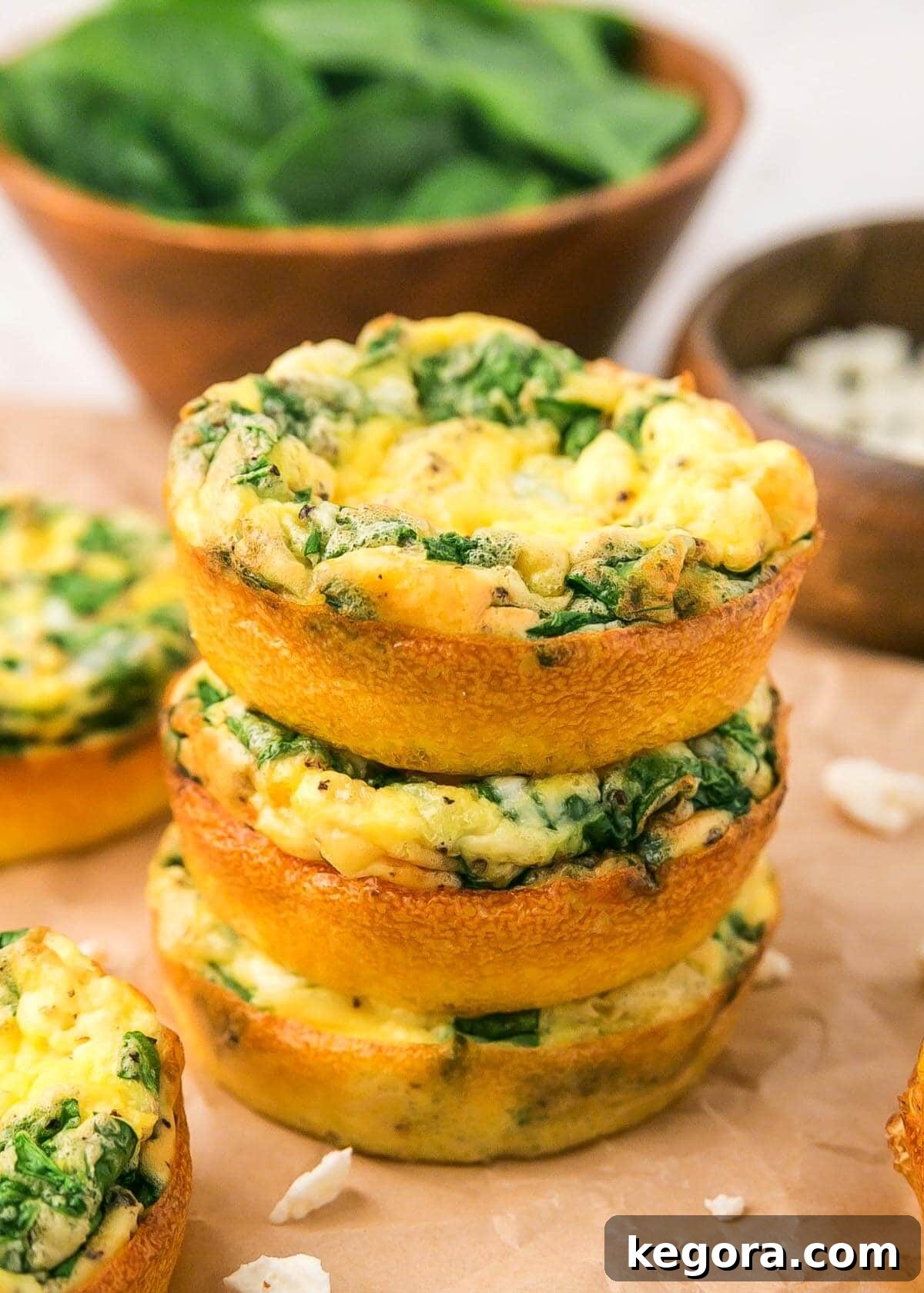 3 Spinach Feta Egg Muffins in a stack
