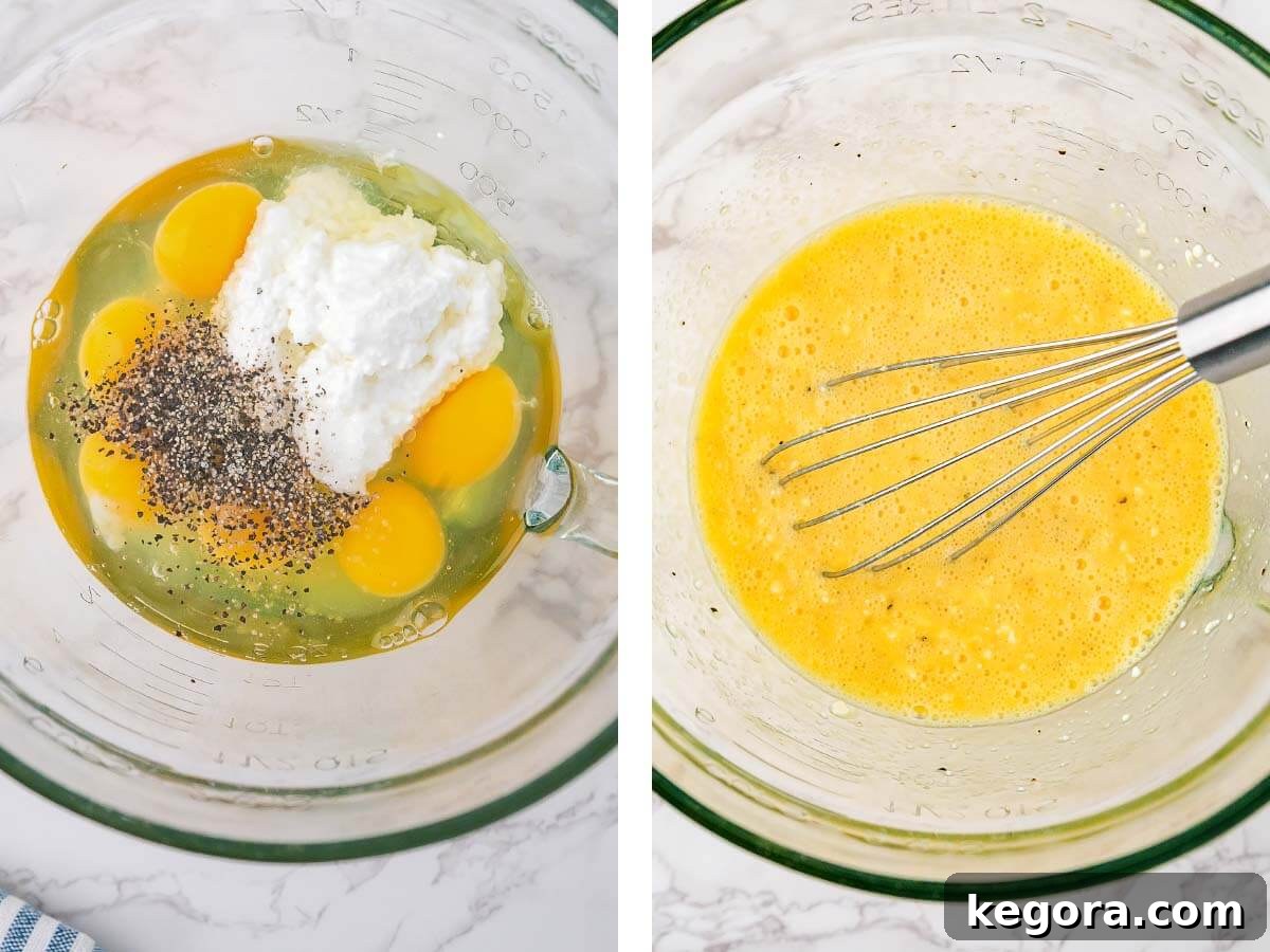 eggs, cheese, spices in bowl with whisk, egg mixture whisked together