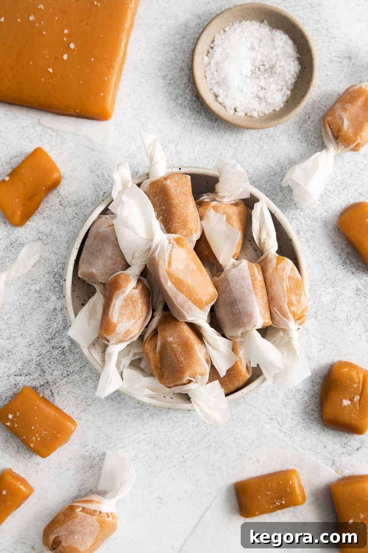 Caramels wrapped in wax paper and placed in a bowl