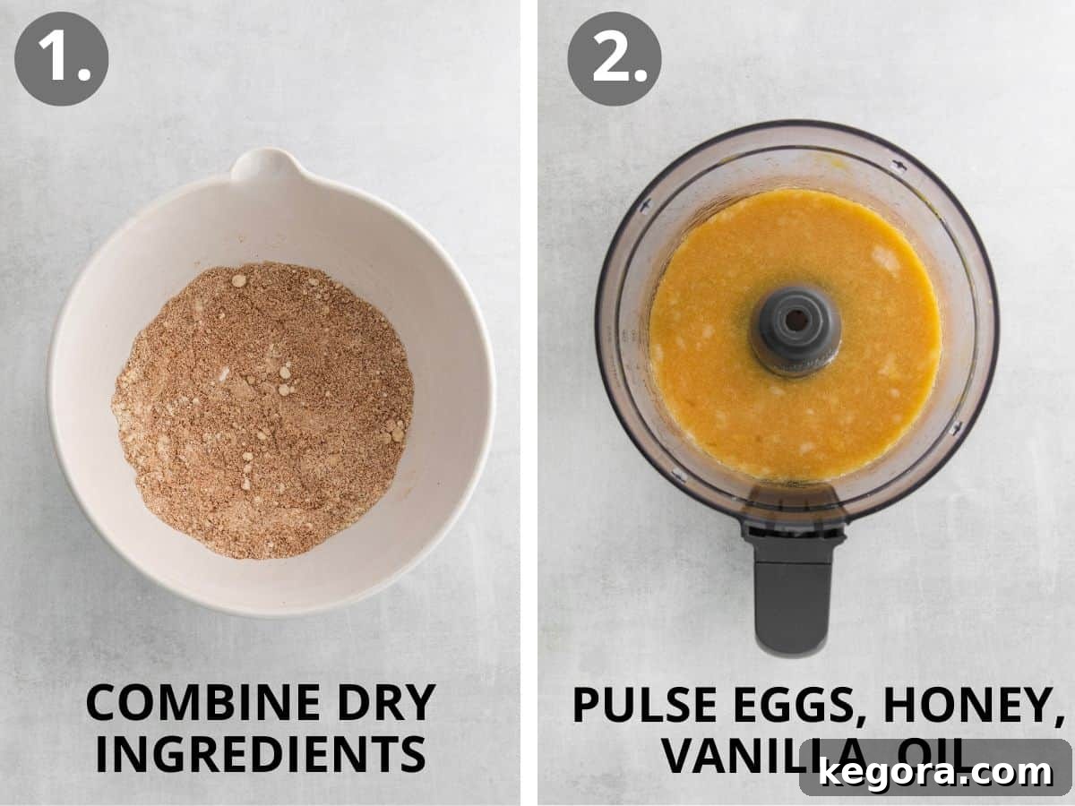 Wholesome Paleo Zucchini Muffins 5 Step 1: Combining dry ingredients. Step 2: Pulsing wet ingredients in a food processor.