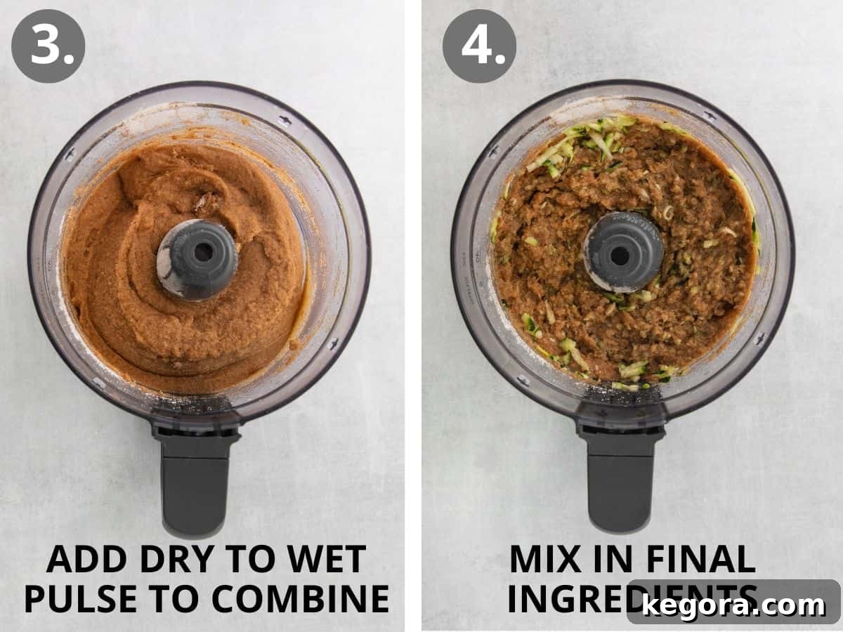 Wholesome Paleo Zucchini Muffins 6 Step 3: Adding dry to wet ingredients and pulsing. Step 4: Mixing in final ingredients like banana and zucchini.