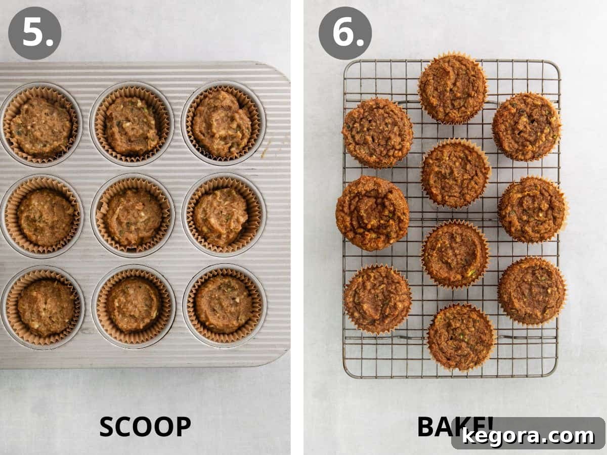 Wholesome Paleo Zucchini Muffins 7 Step 5: Scooping muffin batter into liners. Step 6: Baked paleo zucchini muffins cooling.