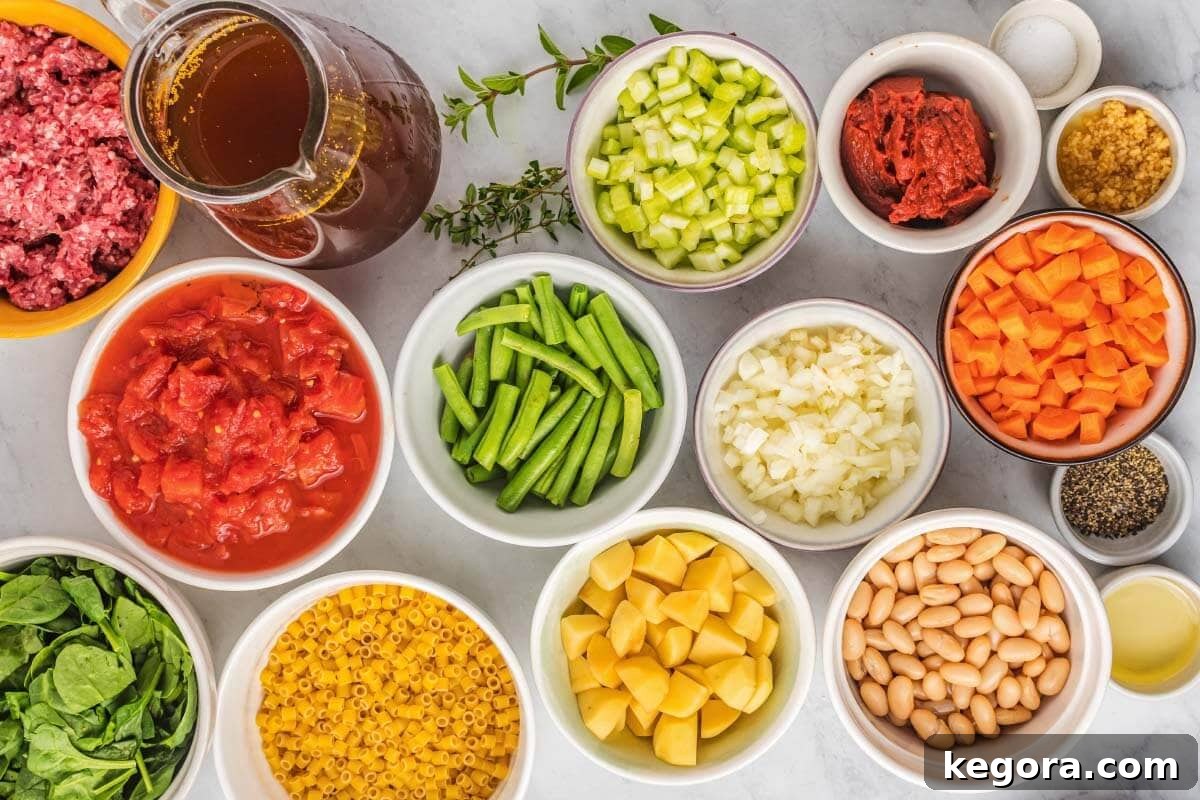 Slow Cooker Minestrone: Effortless & Hearty 4 Slow Cooker Minestrone Soup ingredients in bowls.