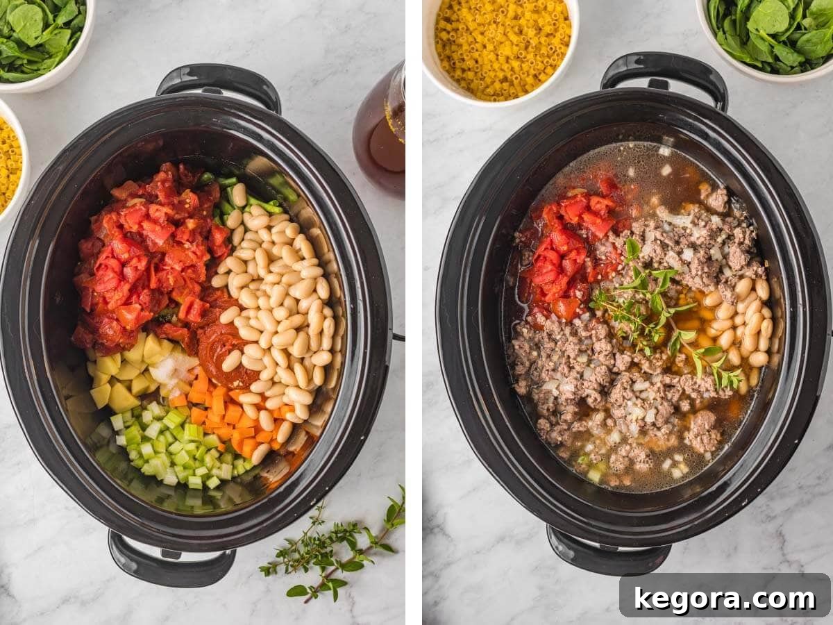 Slow Cooker Minestrone: Effortless & Hearty 6 cooked meat, vegetables, seasonings added to crock, broth added and stirred.