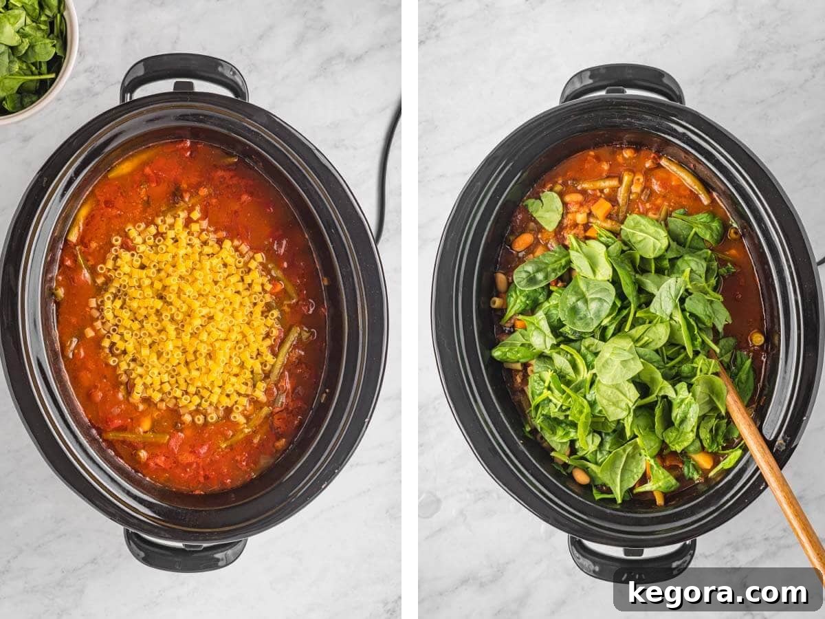 Slow Cooker Minestrone: Effortless & Hearty 7 pasta added to cooked soup in crock, baby spinach added to cooked soup.