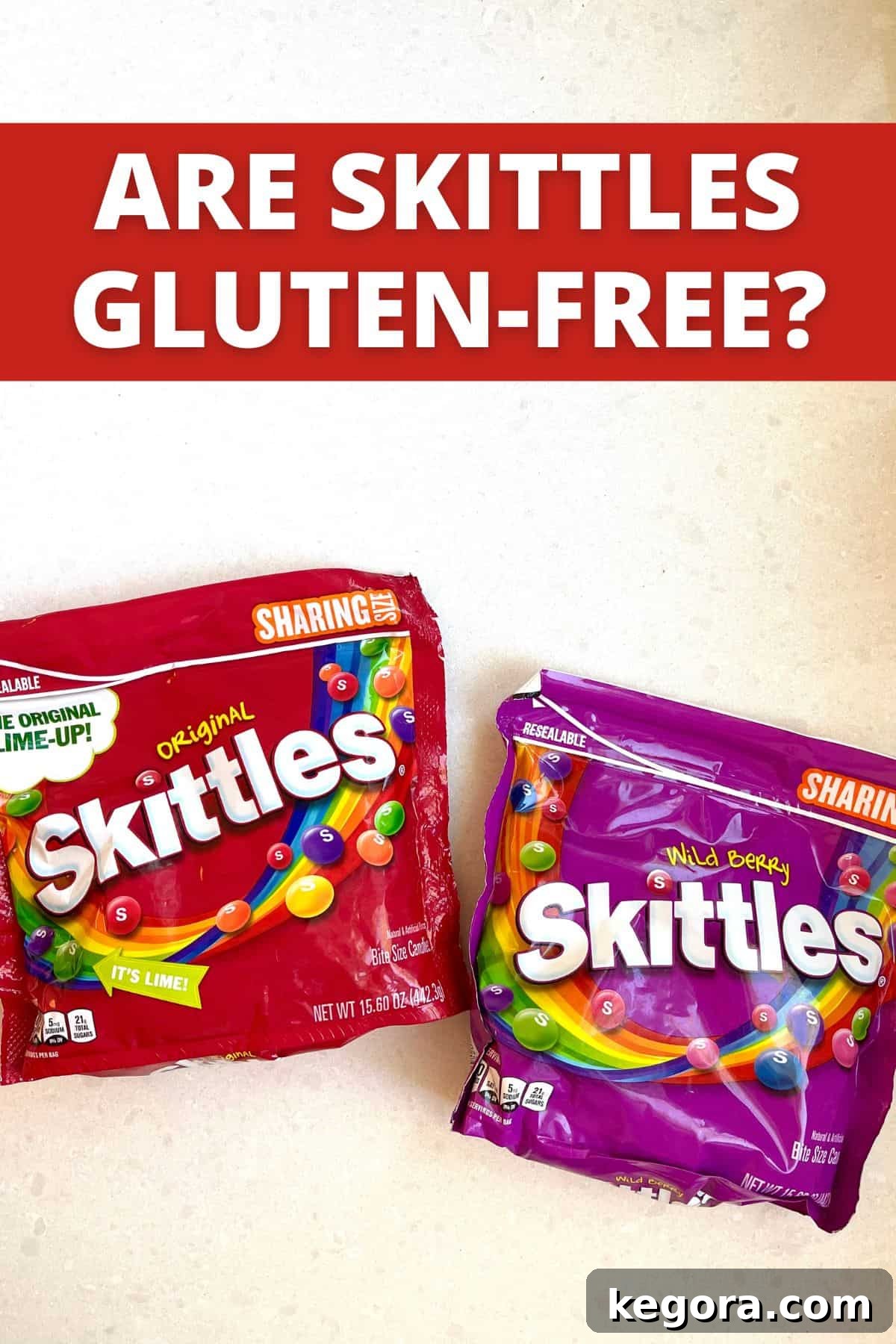 Can You Eat Skittles on a Gluten-Free Diet 2 Two bags of Skittles candy on a clean white counter, ready for consumption by gluten-free enthusiasts.