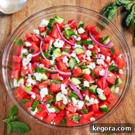 Watermelon Feta Salad in a glass bowl